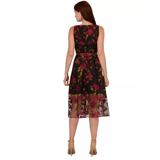 Adrianna Papell Floral Embroidered MIDI Dress with Sheer Hem in Pink Black, sz 8