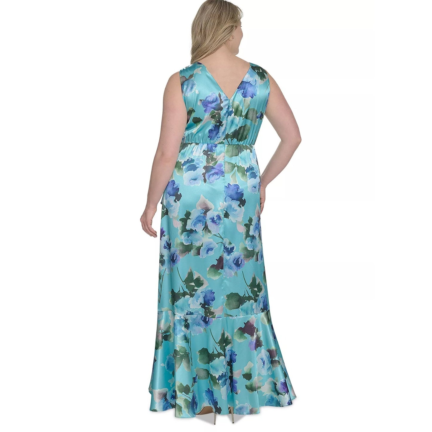 Vestido MIDI Eliza J de satén estampado de talla grande con bajo asimétrico, Talla 20W, Precio de venta sugerido: 208$