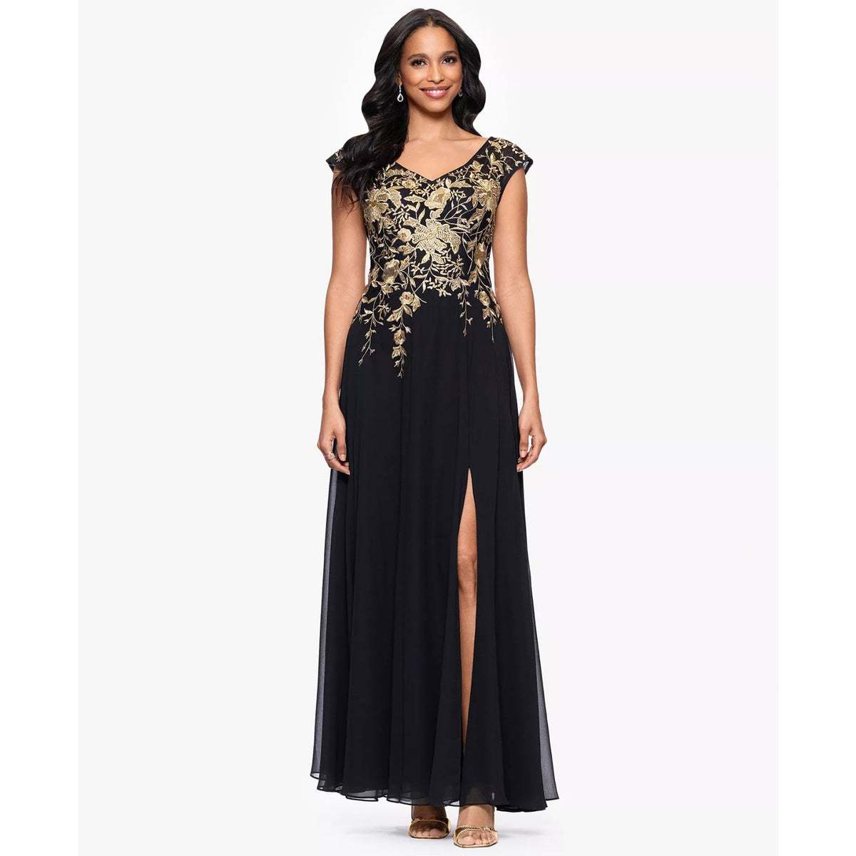 Betsy & Adam Petites Chiffon V-Neck Long a-Line Dress -Black, Gold Size 2p, 299$