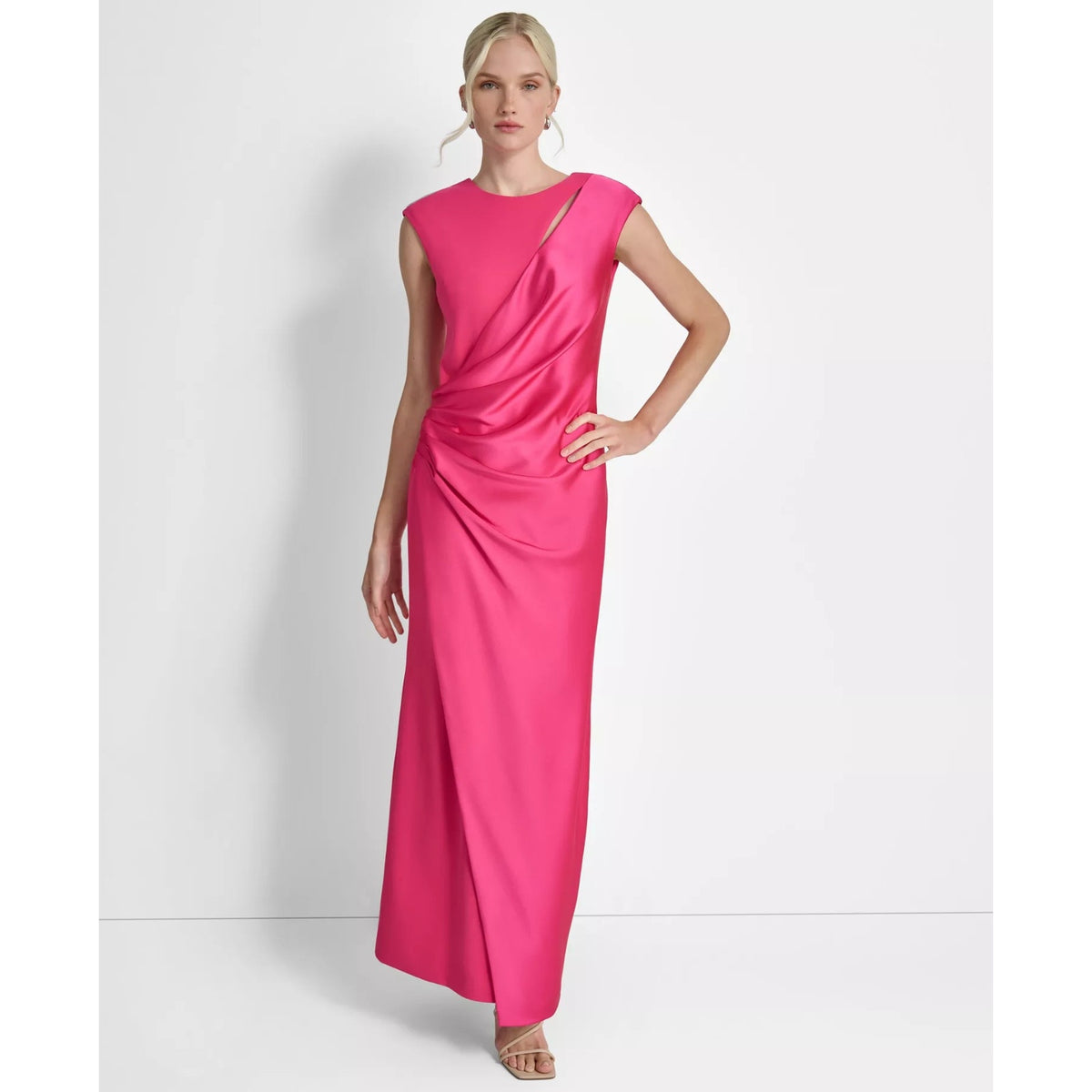 DKNY Peacock Pink Side-Ruched Cut-Out Cap-Sleeve Gown Size 14, MSRP: $229