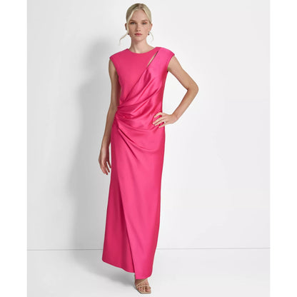 DKNY Peacock Pink Side-Ruched Cut-Out Cap-Sleeve Gown Size 14, MSRP: $229
