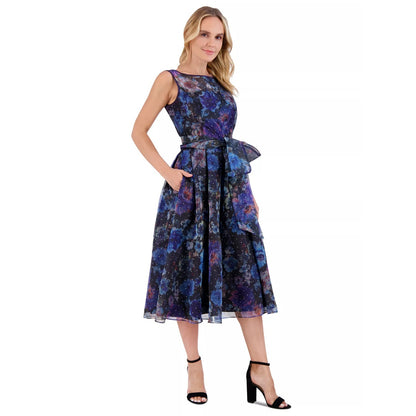 Vestido cóctel floral con cinturón Eliza J para mujer - Negro/azul, Talla 14, PVPR: 228$