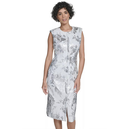 Calvin Klein Women's Sleeveless Foil Printed Sheath Dress- Cream/Silver, Size-14