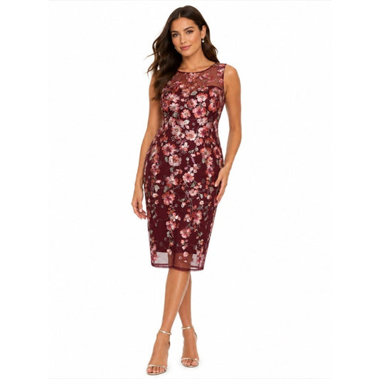 Adrianna Papell Women Embroidered Floral Midi Dress, 10 Plum Sequin 3D,MSRP:249$