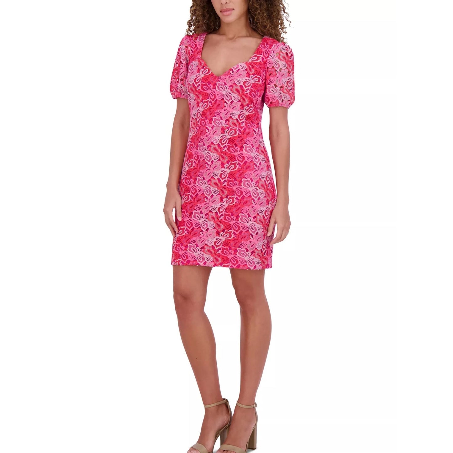 Vestido Siena de mujer de encaje floral de manga corta y escote corazón - Rosa multicolor-4, NWT