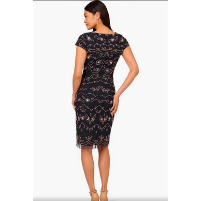 Papell Studio Navy Gold Beaded Sequin Floral Sheath Dress Short Sleeve Size 10,
