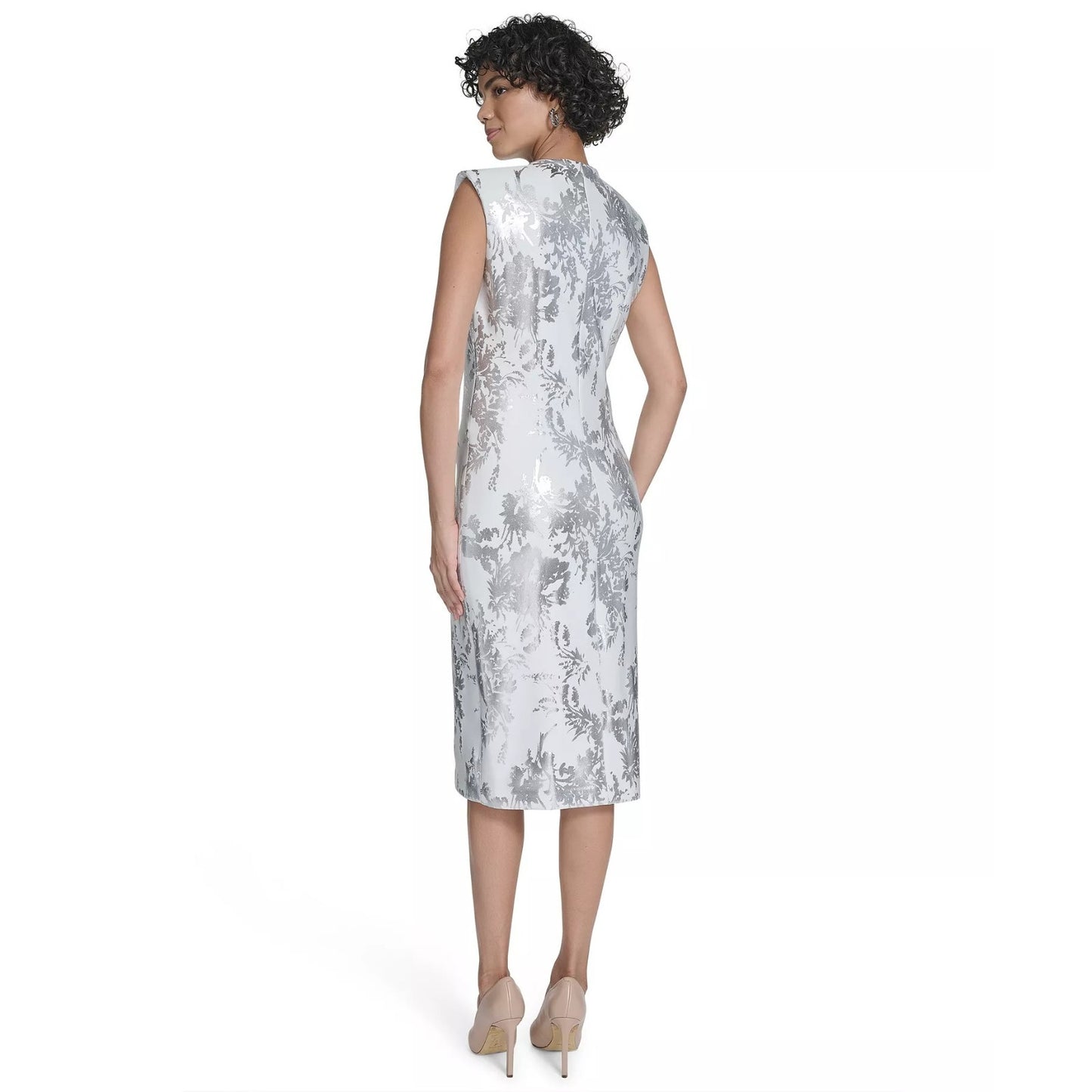 Calvin Klein Women's Sleeveless Foil Printed Sheath Dress- Cream/Silver, Size-14