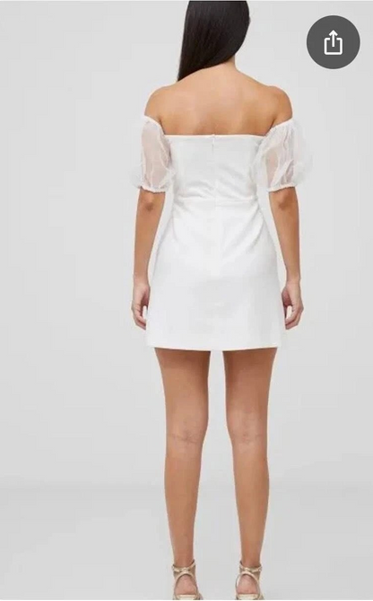 Vestido French Connection Whisper de manga abullonada para mujer, talla 4, blanco de verano, cremallera trasera, manga corta