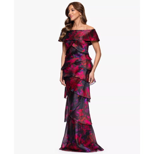 Xscape Women's Printed Long Sheath Dress - Black Berry - size 8, MSRP: 269$