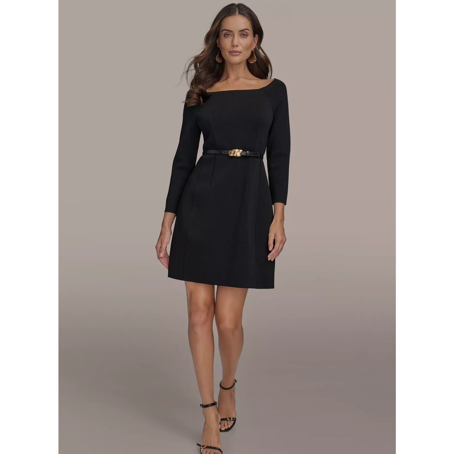 Vestido de cuello barco con cinturón, manga 3/4 y diseño liso para mujer de Donna Karan New York, Precio de venta sugerido por el fabricante: 199$