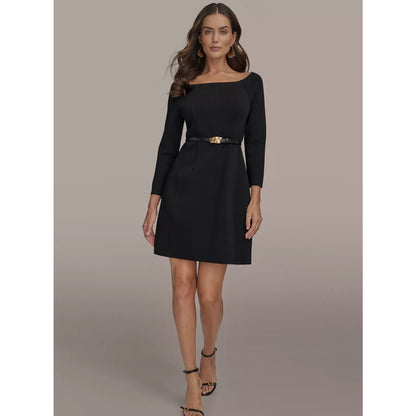 Vestido de cuello barco con cinturón, manga 3/4 y diseño liso para mujer de Donna Karan New York, Precio de venta sugerido por el fabricante: 199$