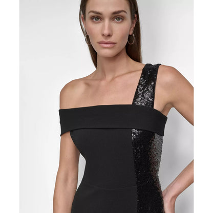 DKNY Women's Black One-Shoulder Sequin-Strip Gown Dress Size 8, MSRP: 249$