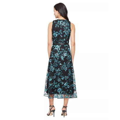 NEW Alex Evenings Midi Dress Teal Black Sequin Floral Tulle Embroidered 12