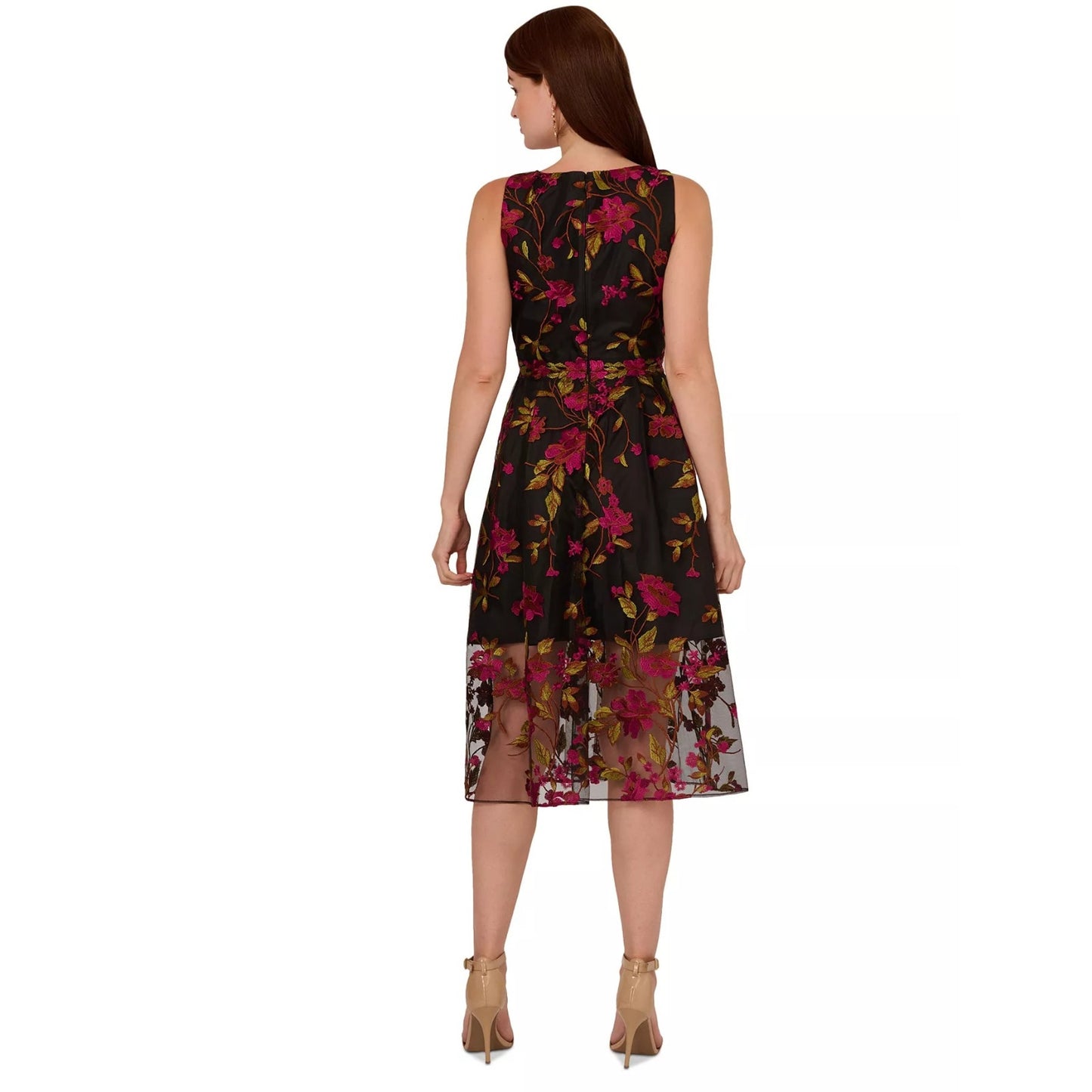 Adrianna Papell Floral Embroidered MIDI Dress with Sheer Hem in Pink Black, sz 2