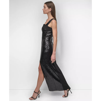 DKNY Women's Black One-Shoulder Sequin-Strip Gown Dress Size 8, MSRP: 249$