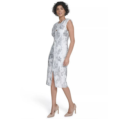 Calvin Klein Women's Sleeveless Foil Printed Sheath Dress- Cream/Silver, Size-14