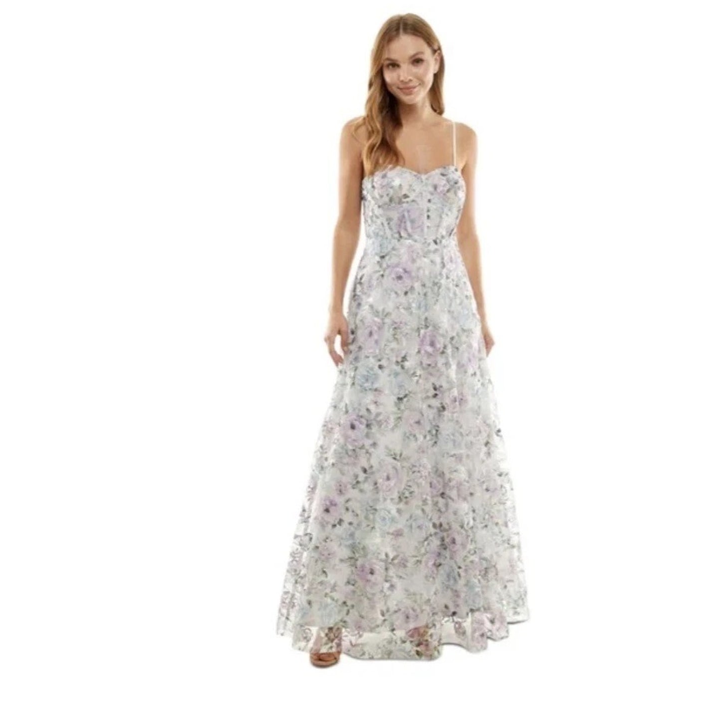 Vestido largo tipo corsé con bordado floral Trixxi Juniors', lavanda, talla 5, precio de venta sugerido: 179$