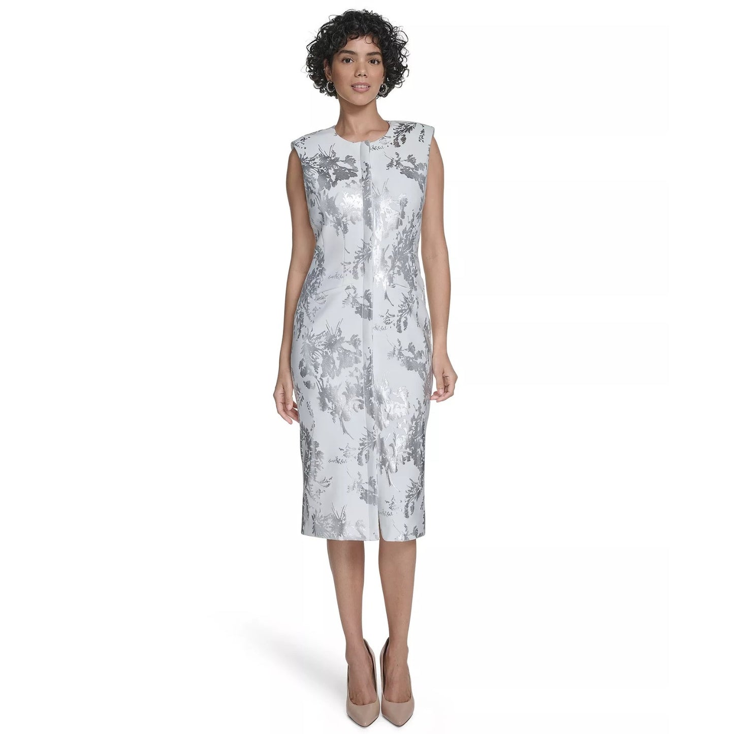 Calvin Klein Women's Sleeveless Foil Printed Sheath Dress- Cream/Silver, Size-14