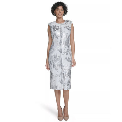 Calvin Klein Women's Sleeveless Foil Printed Sheath Dress- Cream/Silver, Size-14