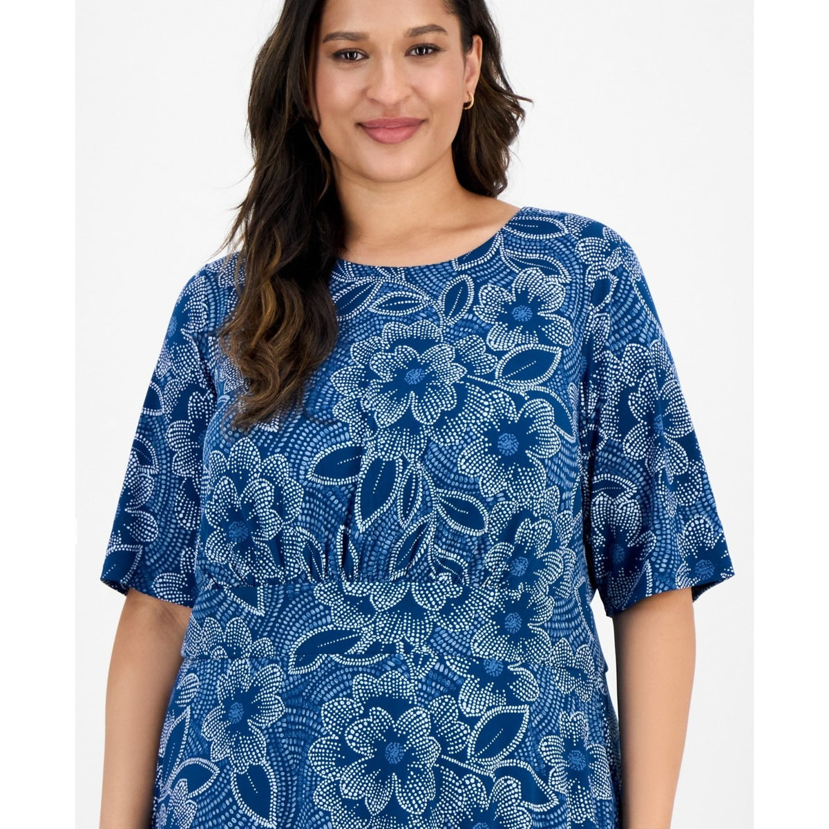 London Times Short-Sleeve Printed Fit & Flare MIDI Dress - Navy Blue-18W