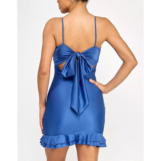 City Studios Juniors' Ruched Ruffled Bodycon Dress - Dark Blue, size S. MSRP:79$