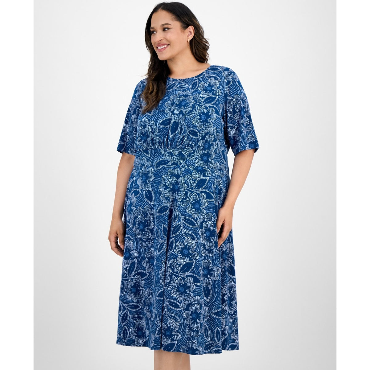 London Times Short-Sleeve Printed Fit & Flare MIDI Dress - Navy Blue-18W