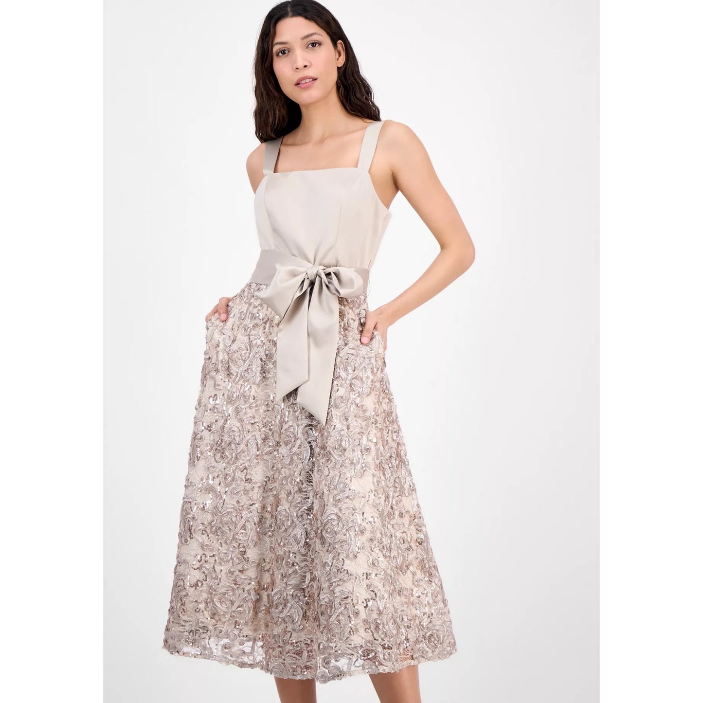 Vestido MIDI de satén y soutache con lentejuelas Tahari Asl para mujer - Champaña, PVPR: $269