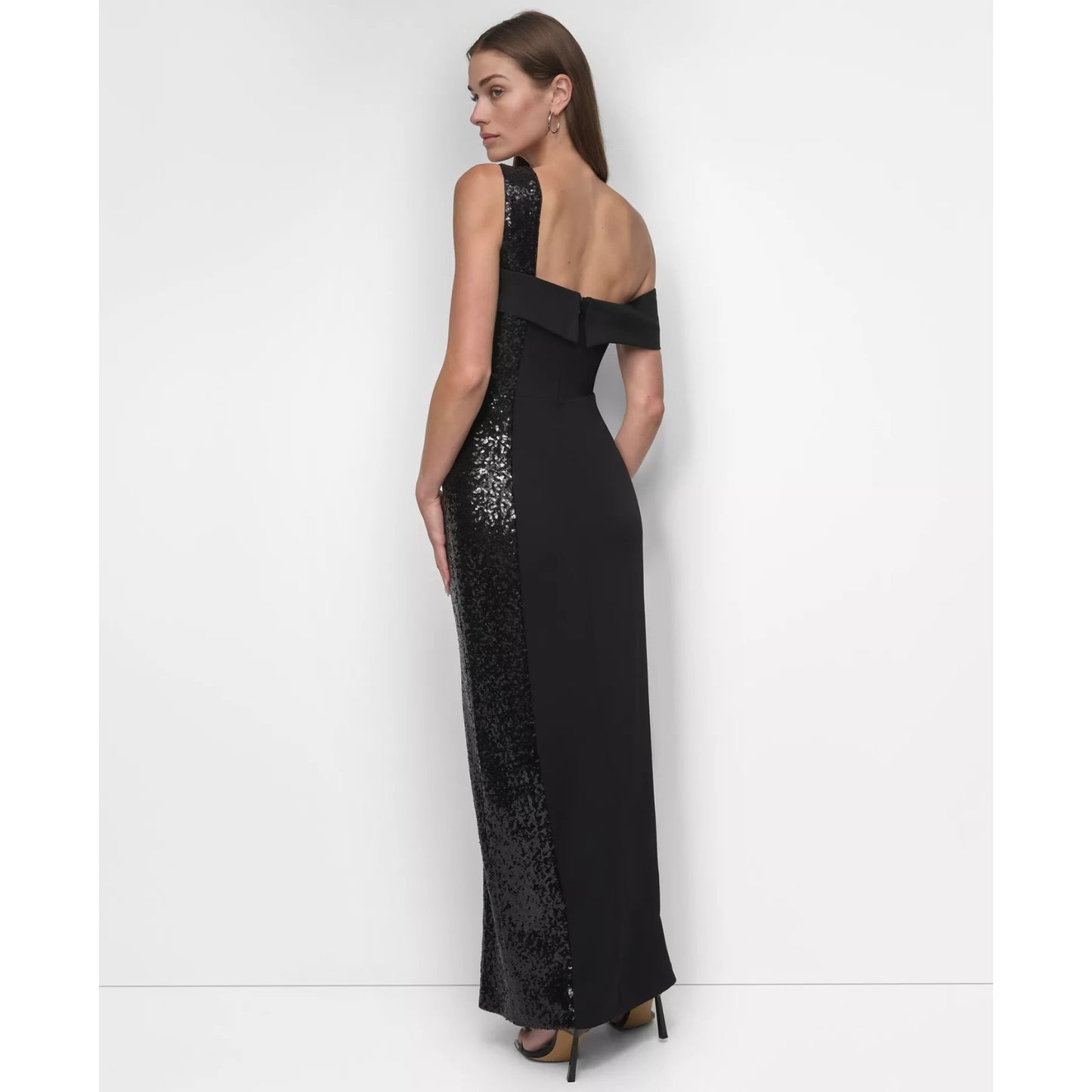 DKNY Women's Black One-Shoulder Sequin-Strip Gown Dress Size 8, MSRP: 249$