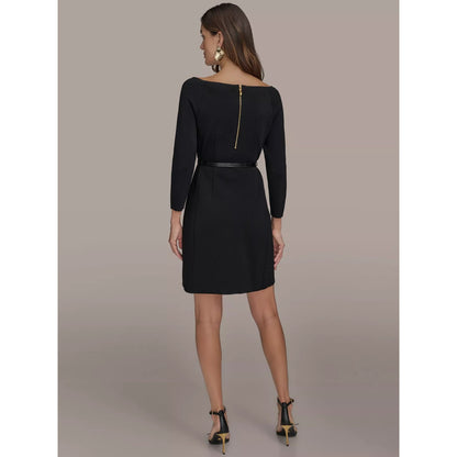 Vestido de cuello barco con cinturón, manga 3/4 y diseño liso para mujer de Donna Karan New York, Precio de venta sugerido por el fabricante: 199$