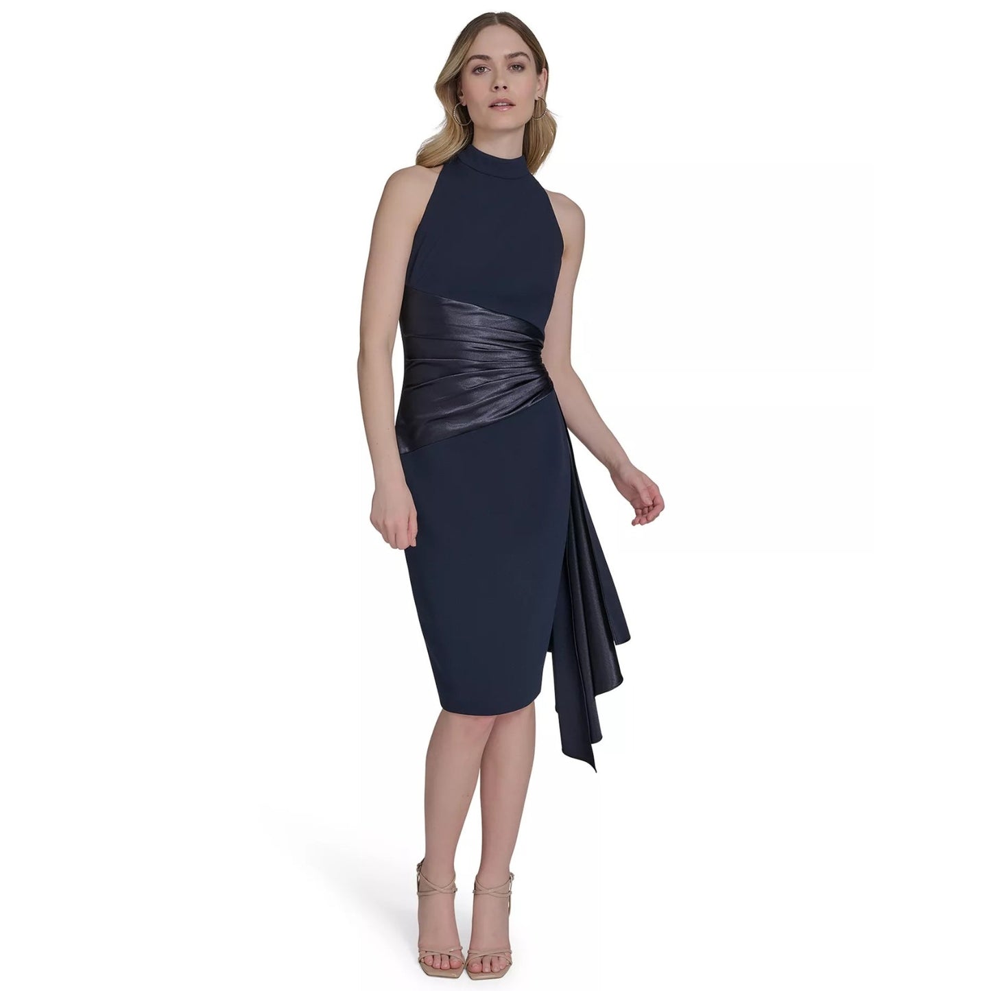 Eliza J Vestido MIDI sin mangas de buceo con lazo anudado a la cintura para mujer - Azul marino-8, MSRP: 168 $