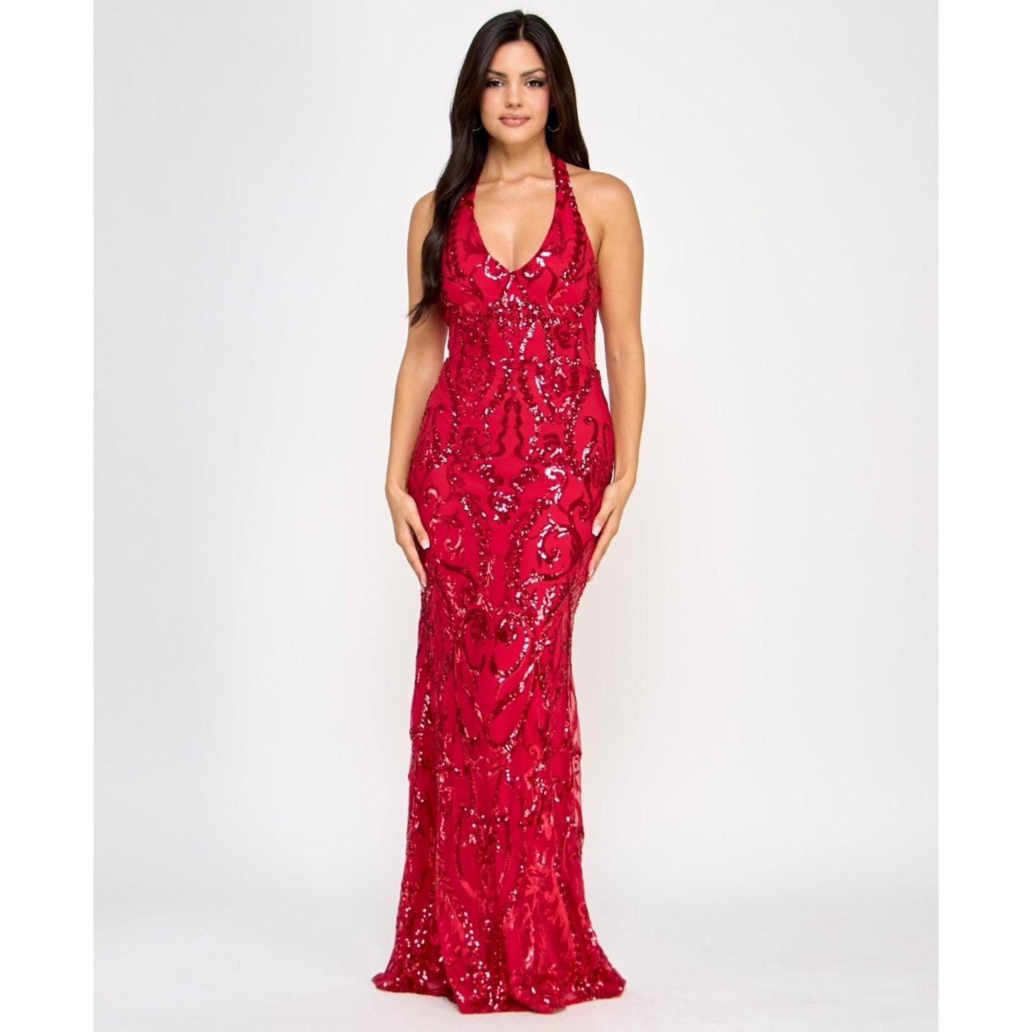 B Darlin Red Sequin Halter Prom Dress Size 3/4 Mermaid Formal Evening Gown $159