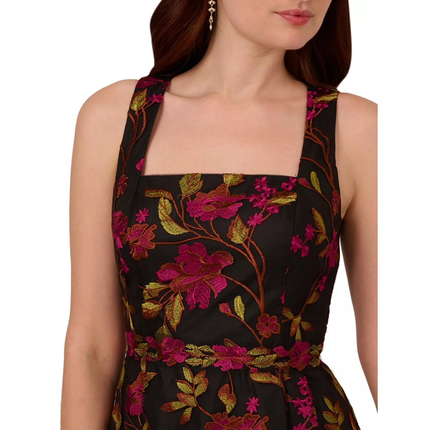 Adrianna Papell Floral Embroidered MIDI Dress with Sheer Hem in Pink Black, sz 8