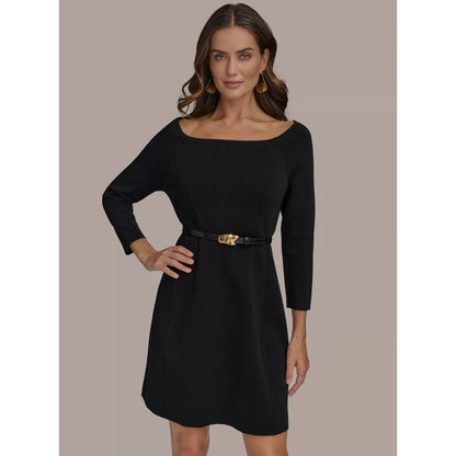 Vestido de cuello barco con cinturón, manga 3/4 y diseño liso para mujer de Donna Karan New York, Precio de venta sugerido por el fabricante: 199$