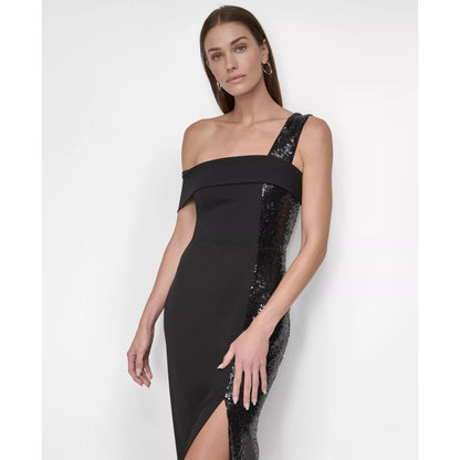 DKNY Women's Black One-Shoulder Sequin-Strip Gown Dress Size 8, MSRP: 249$