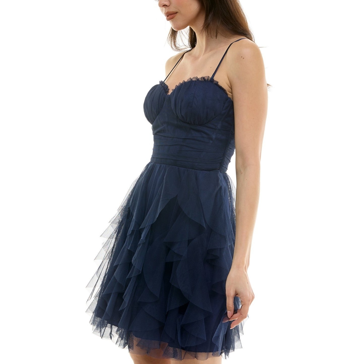 Pear Culture Vestido de malla con corpiño estilo corsé y falda de pétalos para jóvenes - Azul marino - 9, MSRP: 99$