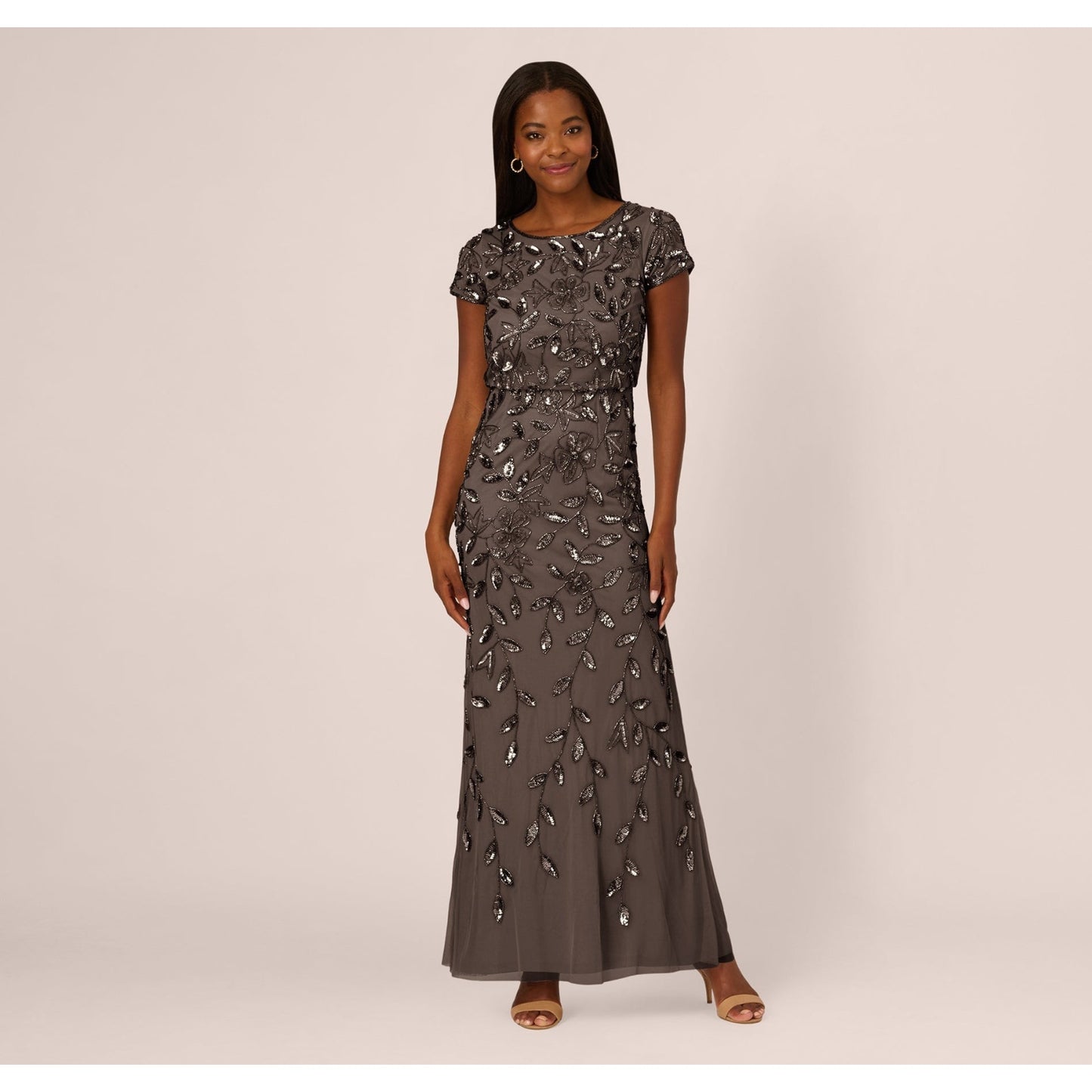 Adrianna Papell Women's Boat-Neck Blouson Beaded Gown- Lead, Size 16, MSRP: 299$