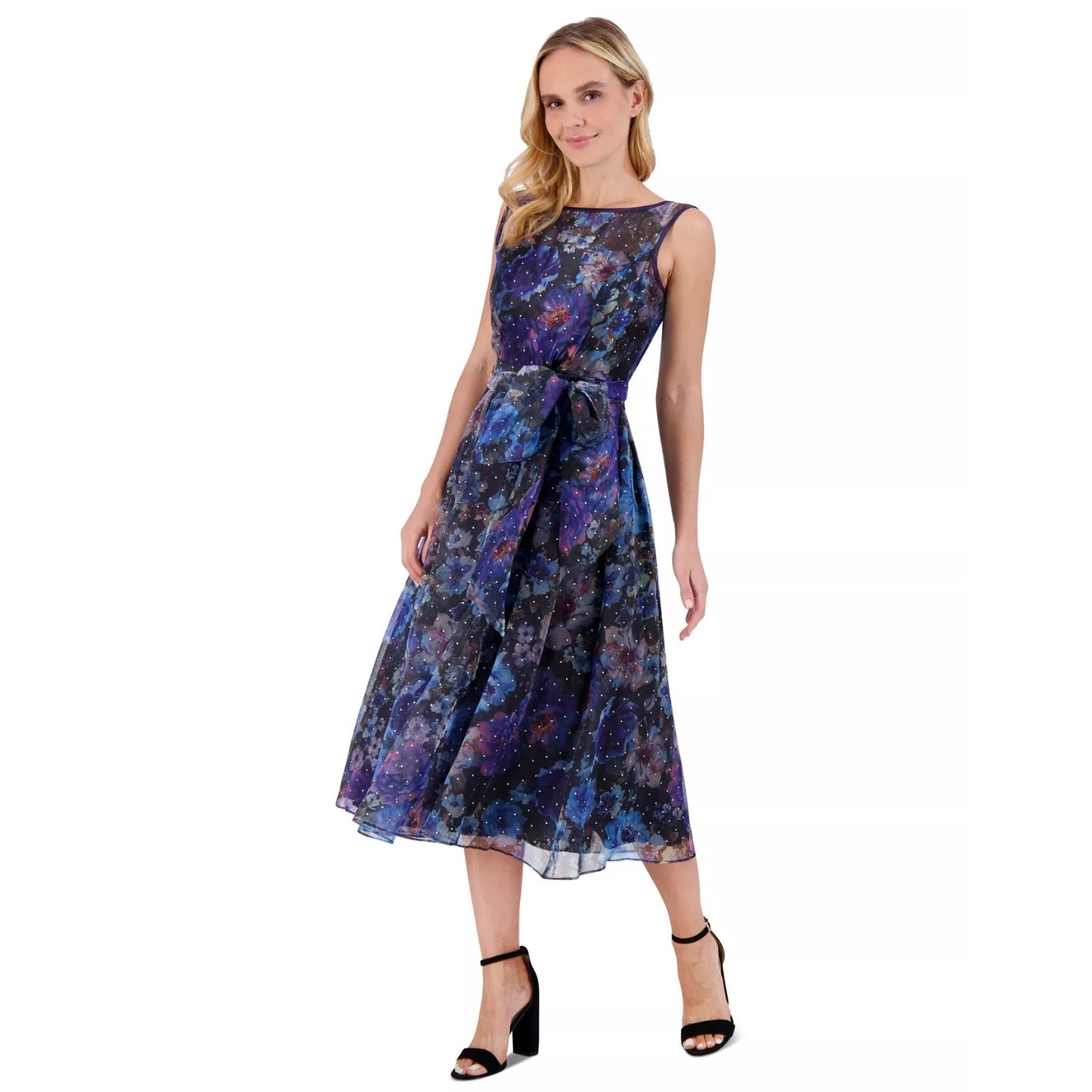 Vestido cóctel floral con cinturón Eliza J para mujer - Negro/azul, Talla 14, PVPR: 228$