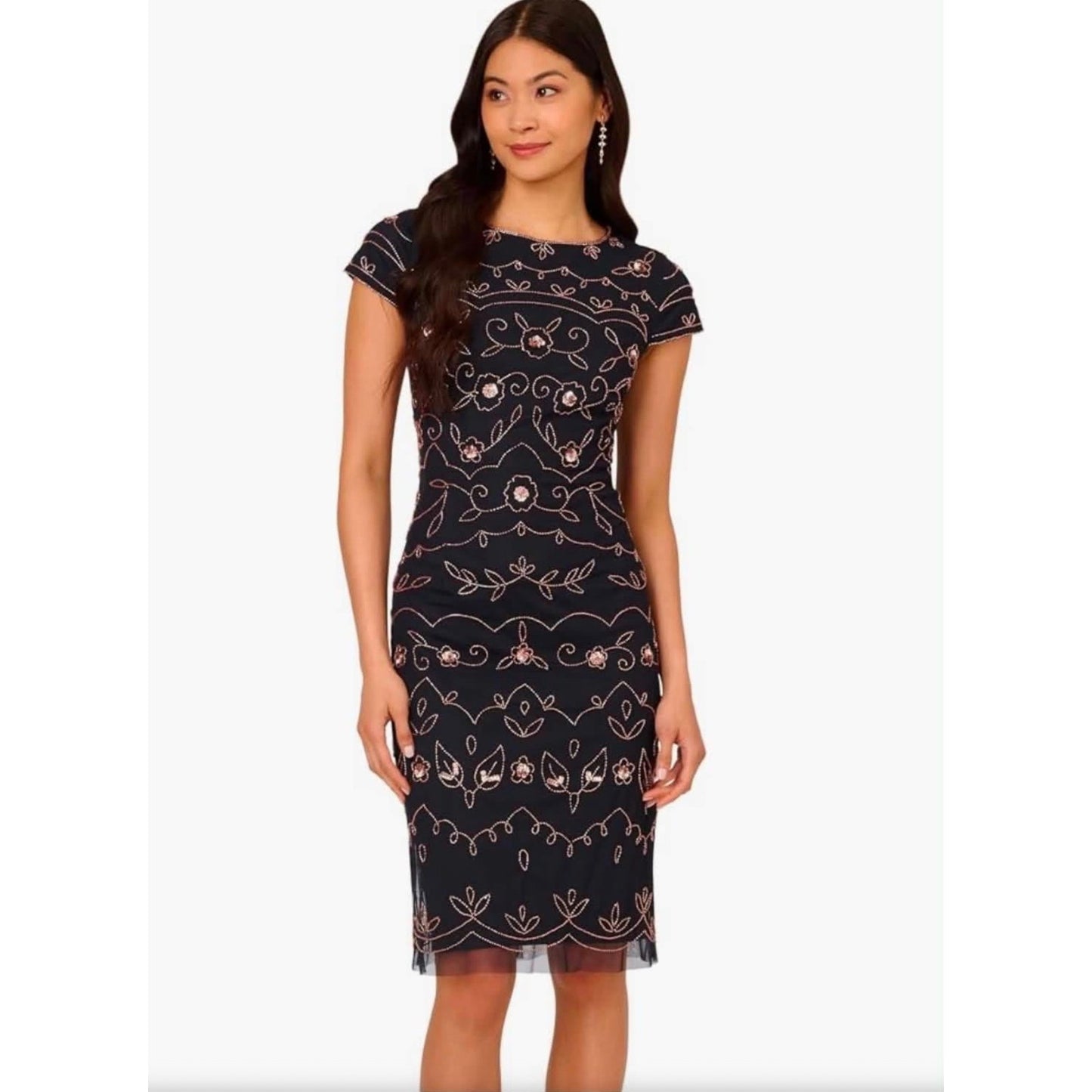 Papell Studio Navy Gold Beaded Sequin Floral Sheath Dress Short Sleeve Size 10,
