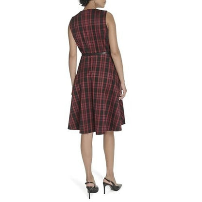 Tommy Hilfiger Women's Sleeveless Faux Leather Fit and Flare MIDI Dress, Size 16