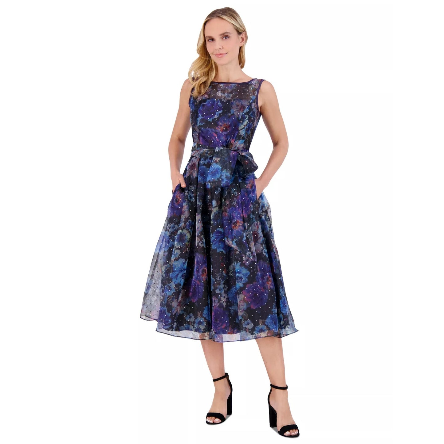 Vestido cóctel floral con cinturón Eliza J para mujer - Negro/azul, Talla 14, PVPR: 228$