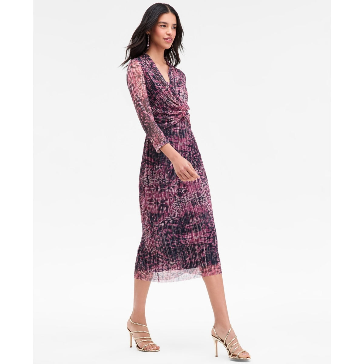 Anne Klein Purple Metallic V Neck Twist Front Midi Dress 4 NWT, MSRP: 149$