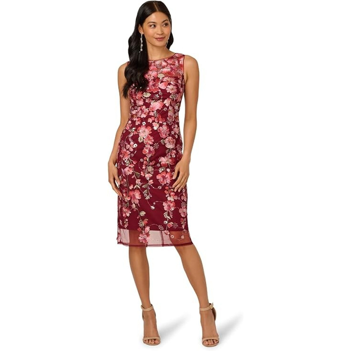 Adrianna Papell Women Embroidered Floral Midi Dress, 10 Plum Sequin 3D,MSRP:249$