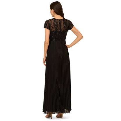 Adrianna Papell Black Embellished Pleated Dress Size 10P, MSRP: $299
