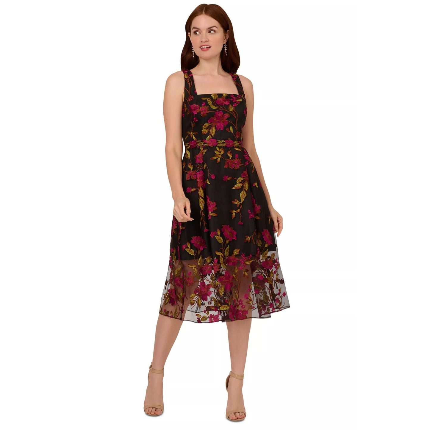 Adrianna Papell Floral Embroidered MIDI Dress with Sheer Hem in Pink Black, sz 2