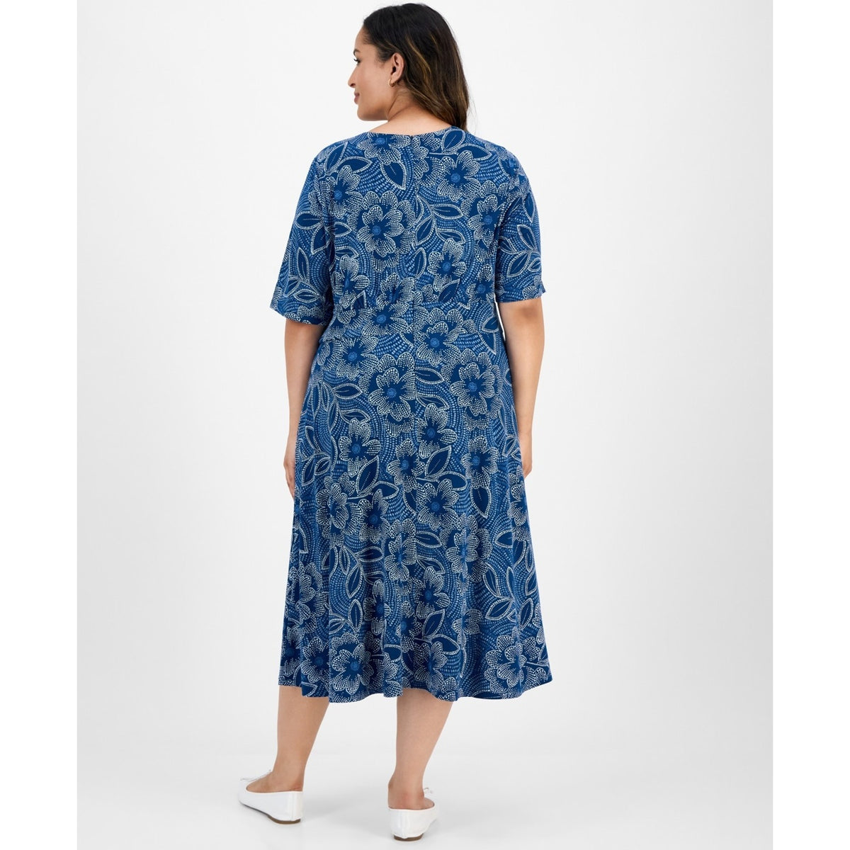London Times Short-Sleeve Printed Fit & Flare MIDI Dress - Navy Blue-18W