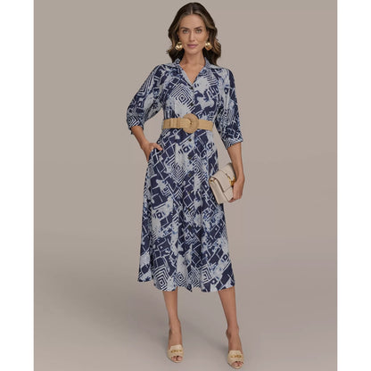 Donna Karan Belted Long Sleeve Linen Blend Maxi Shirtdress In Ink ,Size 10, 199$