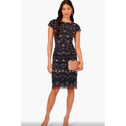 Papell Studio Navy Gold Beaded Sequin Floral Sheath Dress Short Sleeve Size 10,