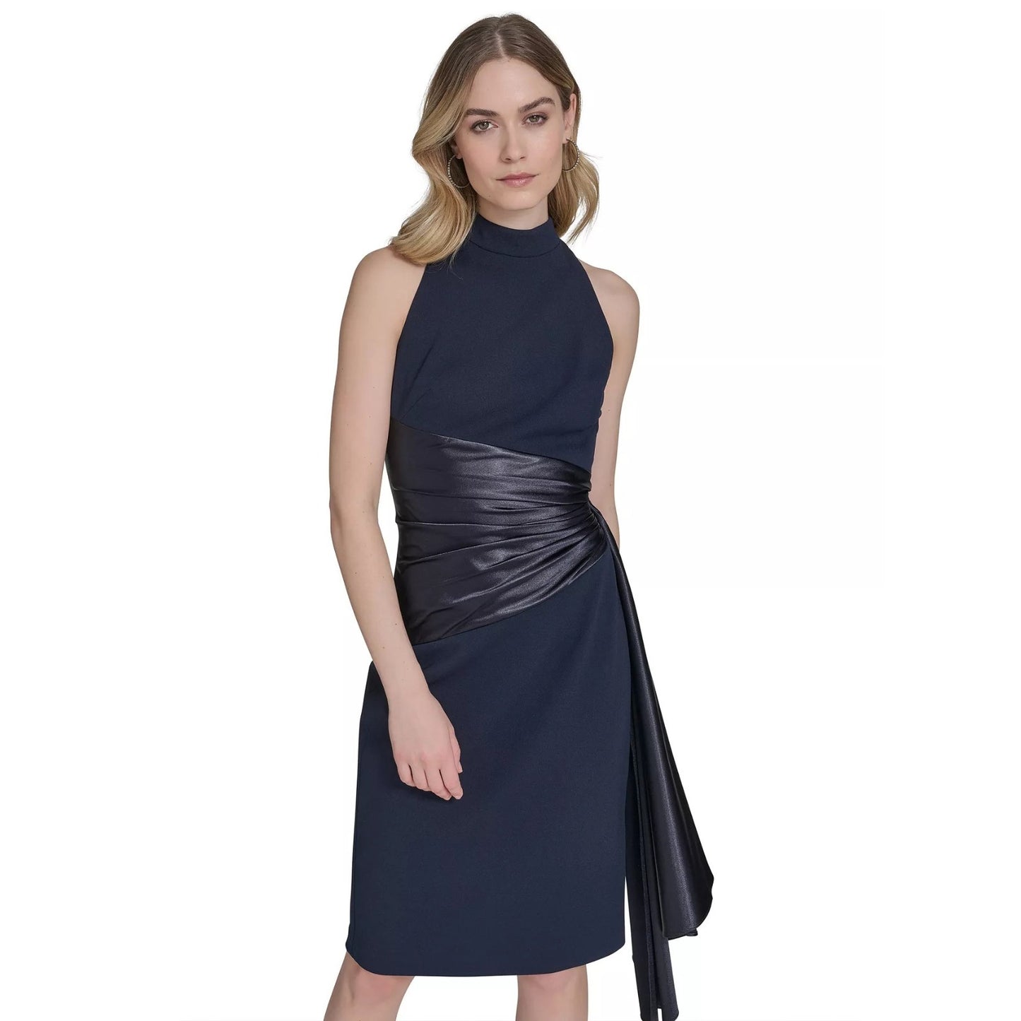 Eliza J Vestido MIDI sin mangas de buceo con lazo anudado a la cintura para mujer - Azul marino-8, MSRP: 168 $