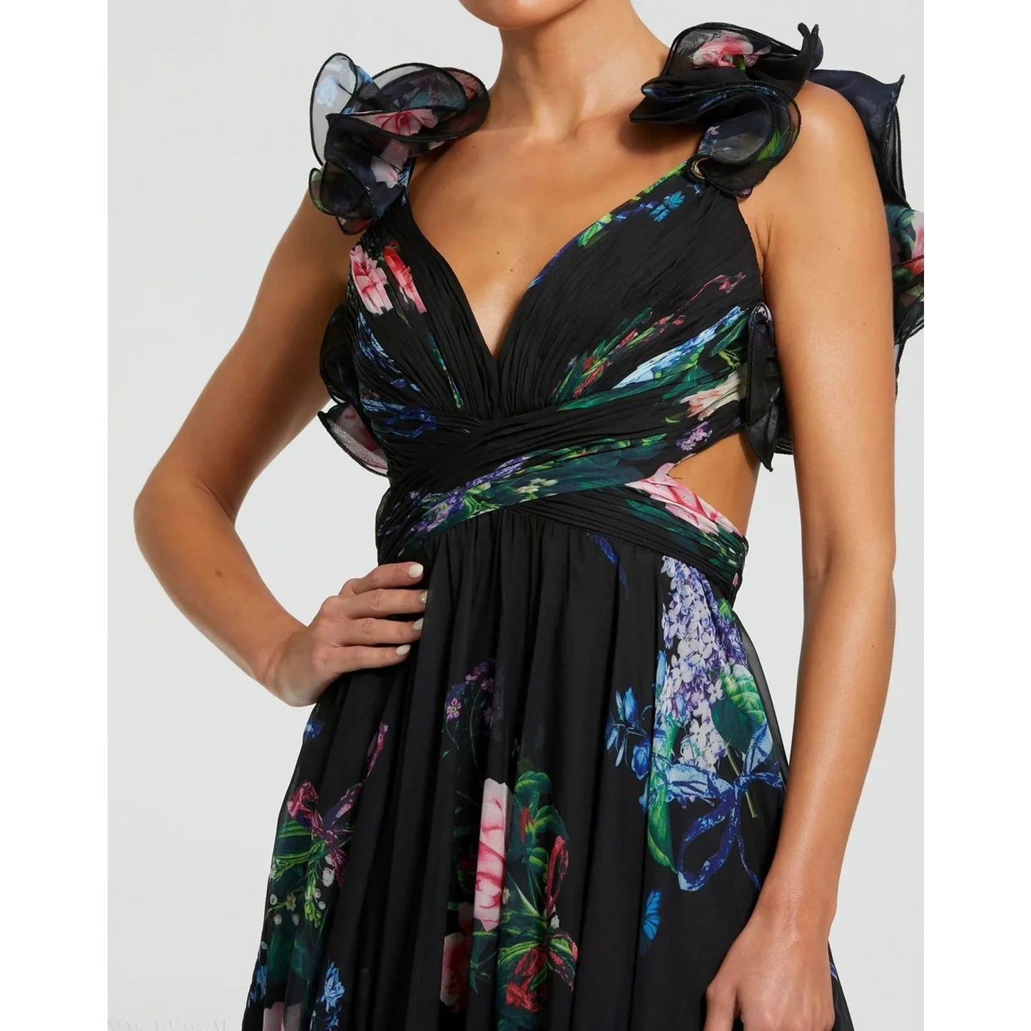 Mac Duggal 68746 Vestido largo de gasa con volantes en capas y aberturas florales, talla 4, PVP: 598$