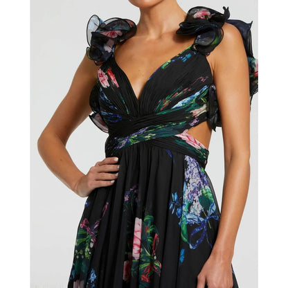 Mac Duggal 68746 Vestido largo de gasa con volantes en capas y aberturas florales, talla 4, PVP: 598$